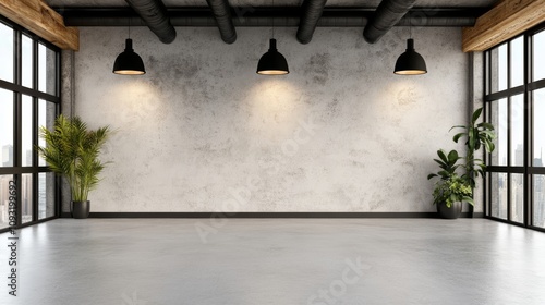 Modern industrial interior design. Spacious room with exposed ceiling beams, large windows, and a textured wall. Potted plants add a touch of nature.