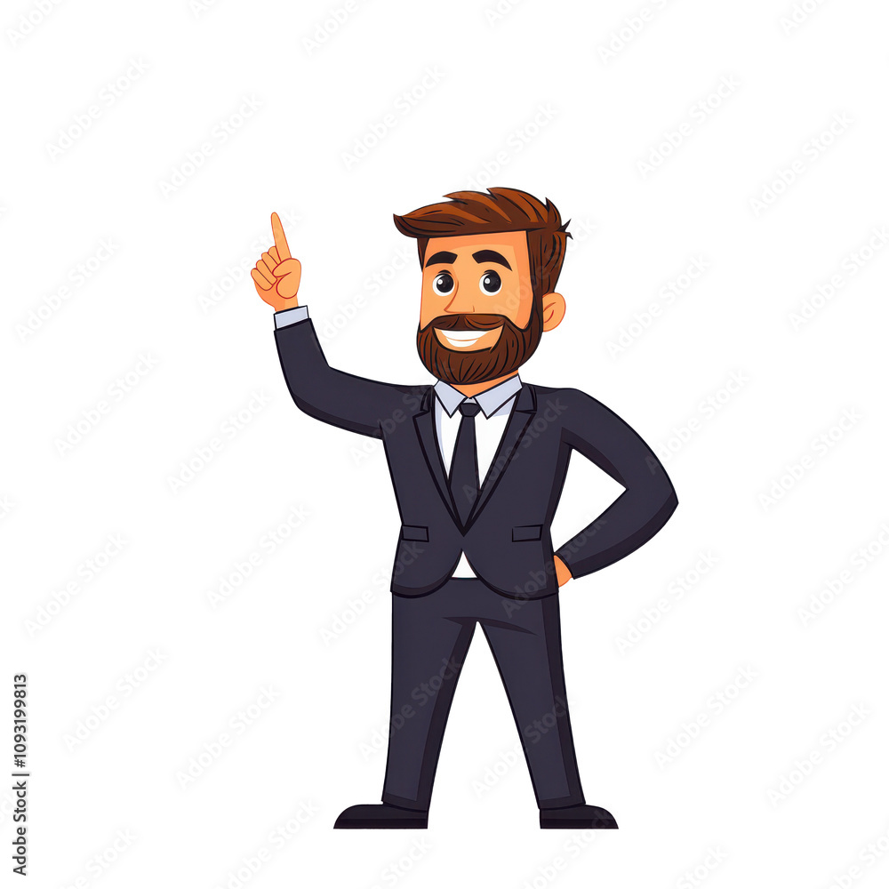 cartoon man in suit is pointing upward with confident smile, conveying sense of positivity and inspiration cartoon man in suit is pointing upward with confident smile, conveying sense of positivity and inspiration