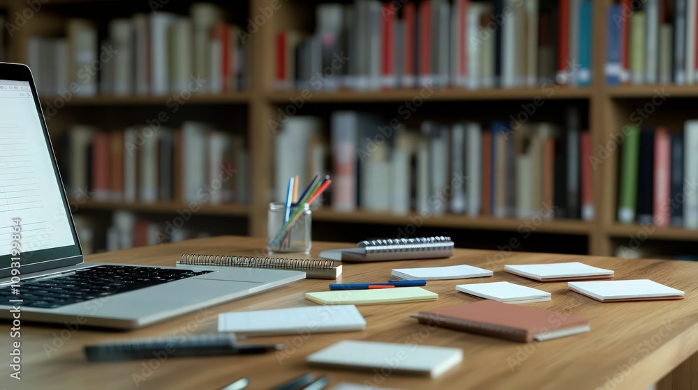 A wooden desk close-up with a laptop, several notepads, and pens scattered, with a blurry bookshelf background filled with books. A wooden desk close-up with a laptop, several notepads, and pens scattered, with a blurry bookshelf background filled with books.