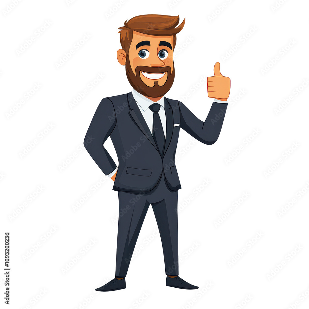 Cartoon man in suit giving thumbs up, exuding confidence and positivity. His stylish appearance and friendly demeanor make him great representation of success Cartoon man in suit giving thumbs up, exuding confidence and positivity. His stylish appearance and friendly demeanor make him great representation of success