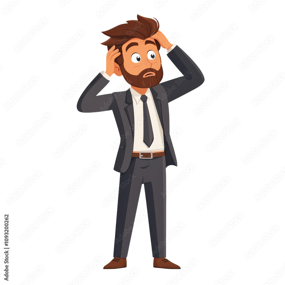 cartoon man in suit looks confused, scratching his head in thought. His surprised expression conveys sense of uncertainty and contemplation cartoon man in suit looks confused, scratching his head in thought. His surprised expression conveys sense of uncertainty and contemplation
