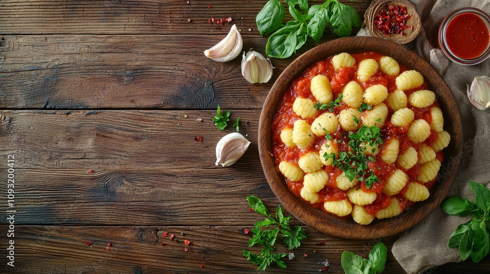Delicious homemade gnocchi in tomato sauce rustic kitchen food photography natural lighting culinary art Delicious homemade gnocchi in tomato sauce rustic kitchen food photography natural lighting culinary art