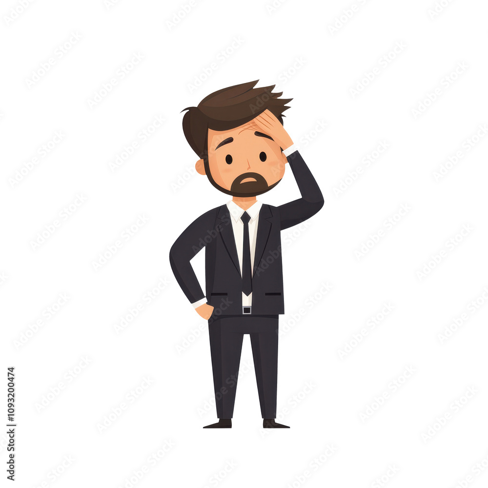 Cartoon man in suit scratching his head, looking confused and worried, expressing uncertainty in professional setting Cartoon man in suit scratching his head, looking confused and worried, expressing uncertainty in professional setting
