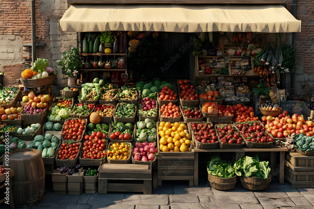 Obraz premium Illustration - Fresh Produce Market Display of Vibrant Fruits and Vegetables