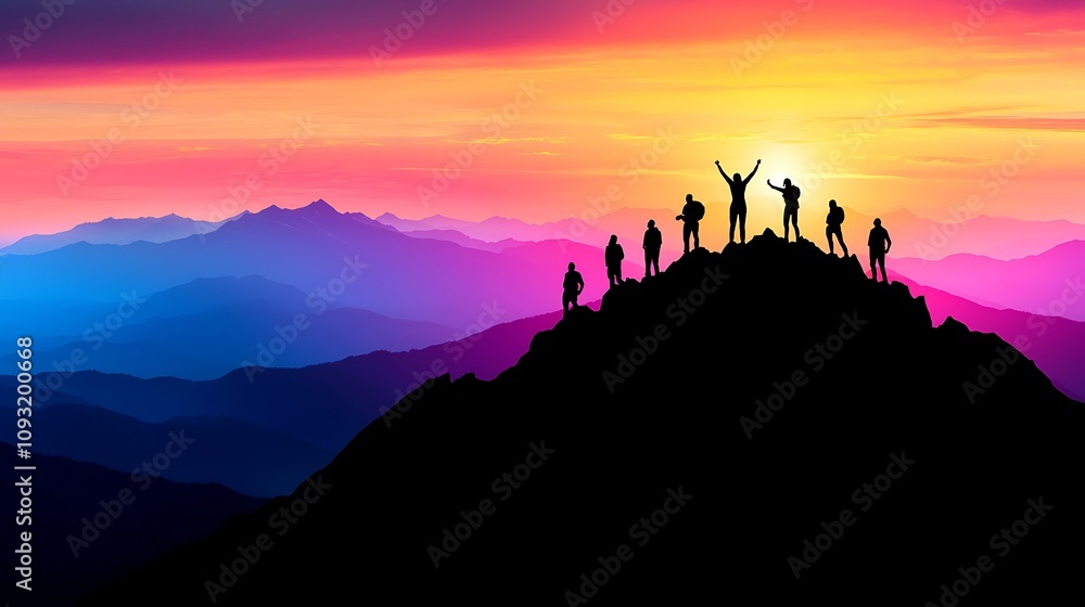 Inspirational Moment of a Person Standing on a Mountaintop with Arms Raised Against a Colorful Sunset Sky, Symbolizing Triumph and Achievement in Nature Inspirational Moment of a Person Standing on a Mountaintop with Arms Raised Against a Colorful Sunset Sky, Symbolizing Triumph and Achievement in Nature