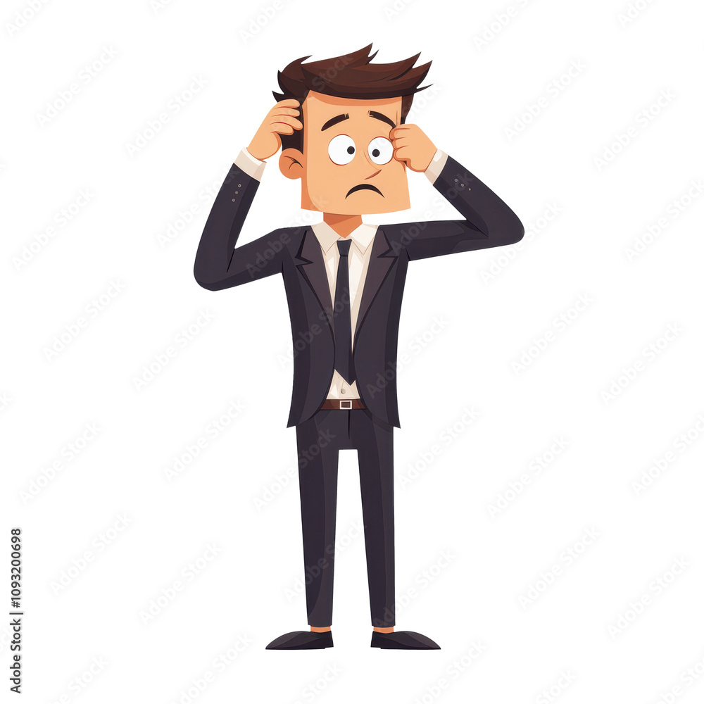cartoon man in suit looks confused and worried, scratching his head in humorous way. His expression conveys sense of uncertainty and contemplation cartoon man in suit looks confused and worried, scratching his head in humorous way. His expression conveys sense of uncertainty and contemplation