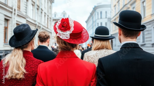 Group of people in period clothing gathering in a stonelined street focused expressions highlighting unity and historical significance photo