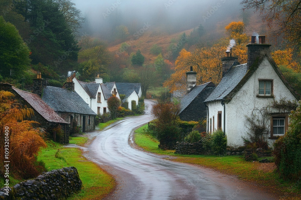 Obraz premium Misty Autumn Village Road Scenic Houses