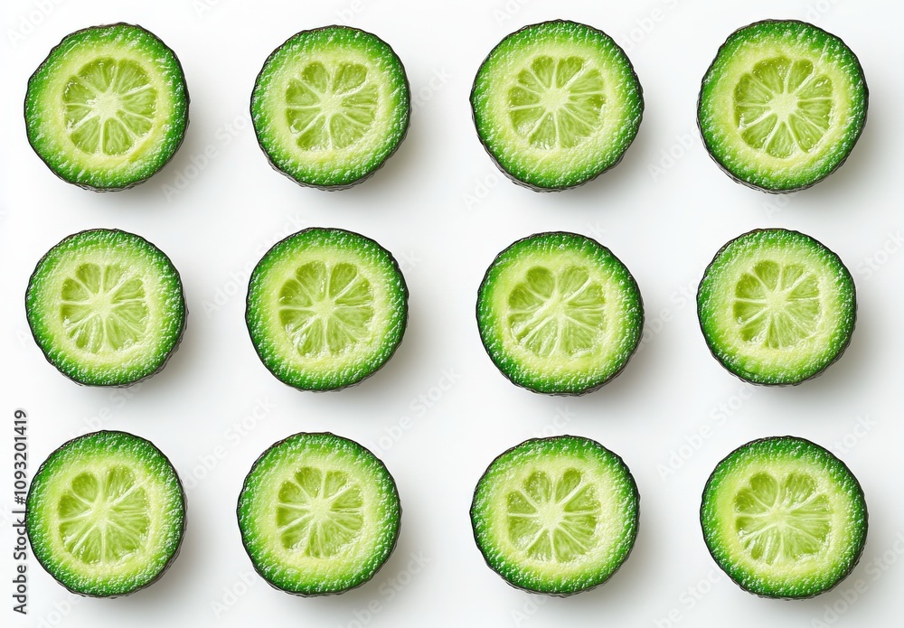 Fototapeta premium Freshly Sliced Green Limes Arranged in a Neat Pattern on White Background, Showcasing Juicy Fruit Texture, Vibrant Color, and Natural Refreshment for Culinary Use