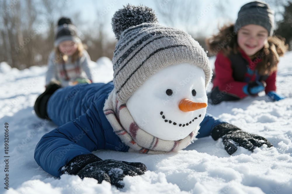 Children joyfully play near a cheerful snowman, showcasing the fun and warmth of winter as they engage in playful activities in the snowy outdoor atmosphere. Children joyfully play near a cheerful snowman, showcasing the fun and warmth of winter as they engage in playful activities in the snowy outdoor atmosphere.