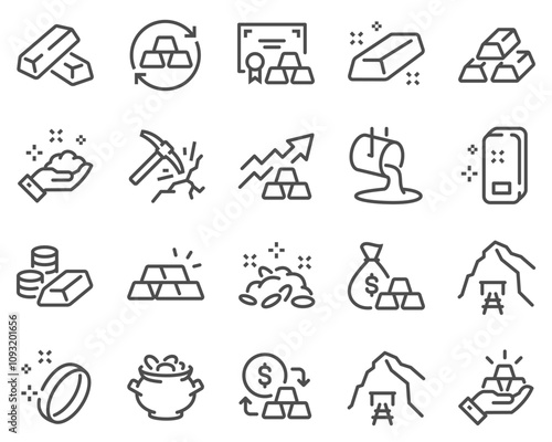 A simple set of gold related vector line icons. Contains icons such as price change, mine, gold bar stack and more. Editable stroke.