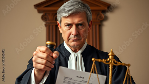 Judge handing down a ruling with a serious expression, capturing the decisive and weighty aspect of judicial authority, symbolizing responsibility and fairness photo