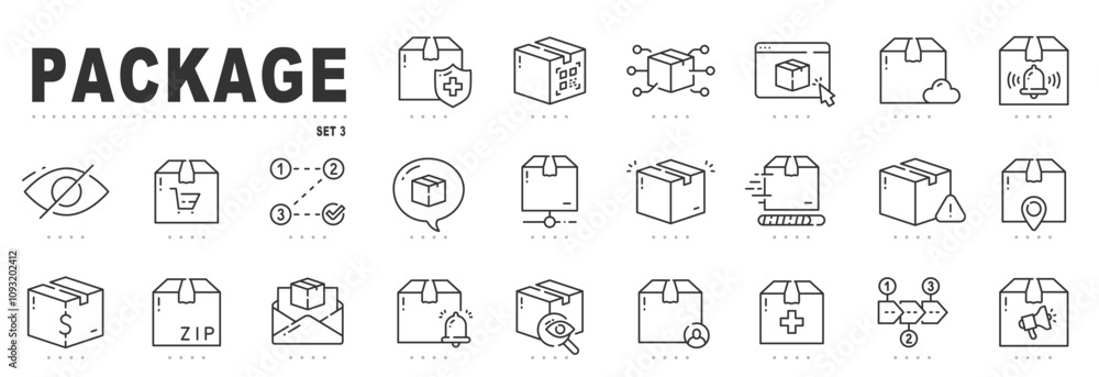Set of package related line icons. Delivery, parcel, box, cargo etc. Editable stroke. Set 3 Set of package related line icons. Delivery, parcel, box, cargo etc. Editable stroke. Set 3