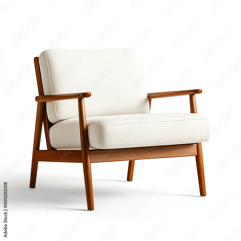 Stylish white armchair with wooden frame, modern design, isolated on white background. Stylish white armchair with wooden frame, modern design, isolated on white background.