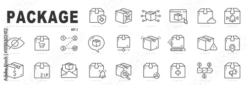 Set of package related line icons. Delivery, parcel, box, cargo etc. Editable stroke. Set 3