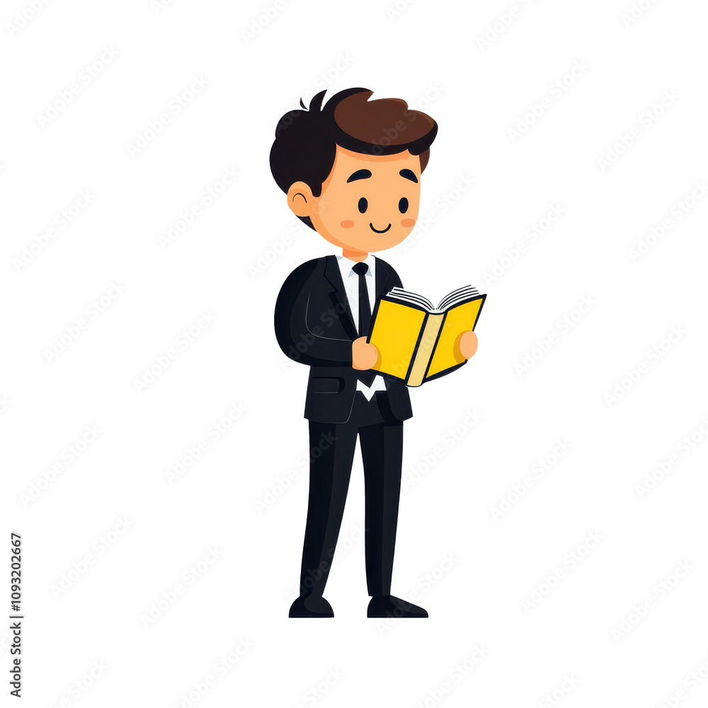 cartoon man in suit stands while reading yellow book, showcasing cheerful expression. This illustration captures moment of curiosity and engagement with literature cartoon man in suit stands while reading yellow book, showcasing cheerful expression. This illustration captures moment of curiosity and engagement with literature