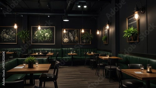 Here's a description and keywords for your stock photo.. Dark, elegant restaurant interior with green booths, wood tables, and botanical artwork. photo