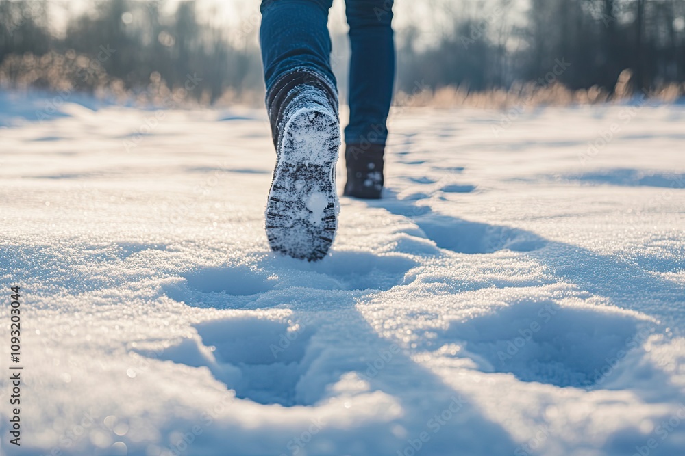 Back view of a person walking through a snowy field close-up of footprints in the snow Back view of a person walking through a snowy field close-up of footprints in the snow