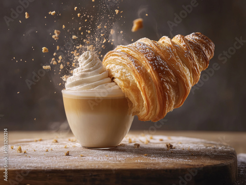 A freshly baked croissant being dipped into a creamy latte