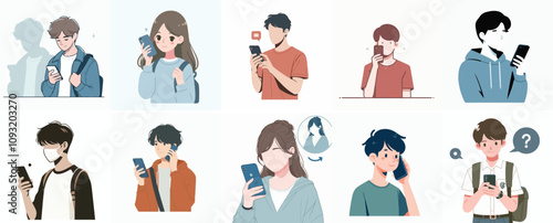 vector, a teenager, is calling with a simple and minimalist flat design style. plain white background