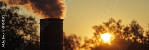 The image captures a close-up view of an industrial chimney as it emits steam against a backdrop of a glowing sunset, emphasizing environmental concerns. photo