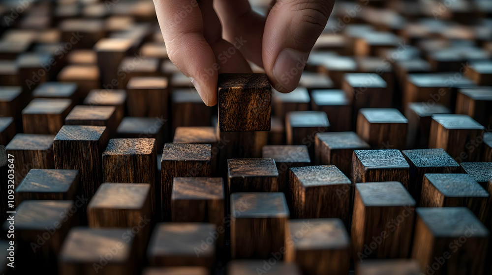Photo Hand Selecting Wooden Cube from Grid Photo Hand Selecting Wooden Cube from Grid