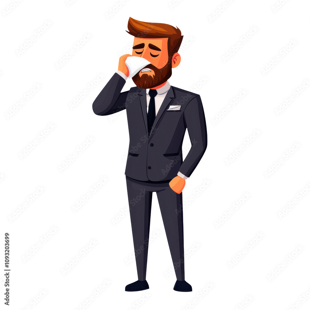 cartoon man in suit wipes sweat from his face, looking stressed. His expression conveys sense of urgency and discomfort cartoon man in suit wipes sweat from his face, looking stressed. His expression conveys sense of urgency and discomfort