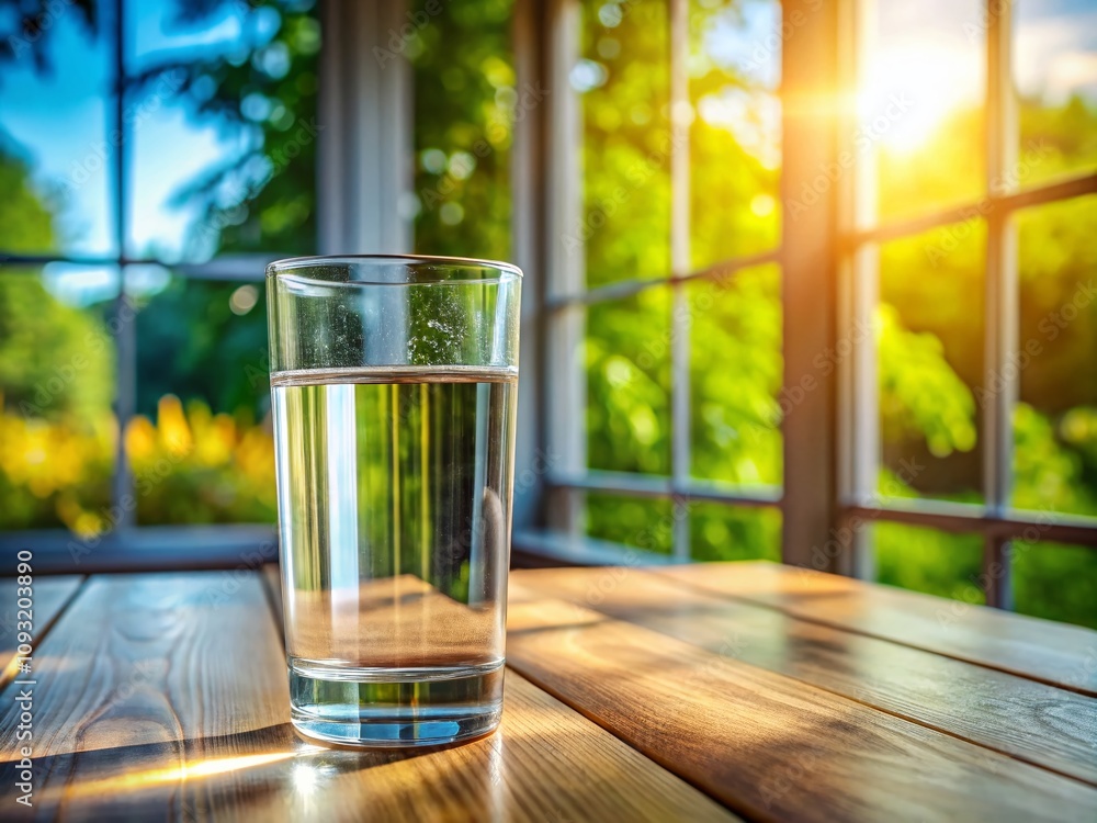 Panoramic View of a Crystal Clear Glass of Water on a Wooden Table Surrounded by Natural Light Enhancing Clarity and Freshness, Ideal for Refreshment and Hydration Concepts Panoramic View of a Crystal Clear Glass of Water on a Wooden Table Surrounded by Natural Light Enhancing Clarity and Freshness, Ideal for Refreshment and Hydration Concepts