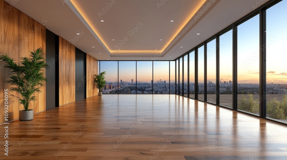 Vast, empty room with hardwood floors and floor-to-ceiling windows offering a stunning city skyline view at sunset. Warm lighting and modern design create a luxurious atmosphere. Vast, empty room with hardwood floors and floor-to-ceiling windows offering a stunning city skyline view at sunset. Warm lighting and modern design create a luxurious atmosphere.