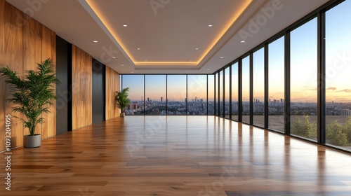 Vast, empty room with hardwood floors and floor-to-ceiling windows offering a stunning city skyline view at sunset. Warm lighting and modern design create a luxurious atmosphere.