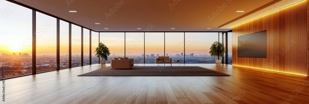 Stunning sunset view from a modern, high-rise apartment living room. The warm tones of the wooden wall and floors complement the orange hues of the sky. Stunning sunset view from a modern, high-rise apartment living room. The warm tones of the wooden wall and floors complement the orange hues of the sky.