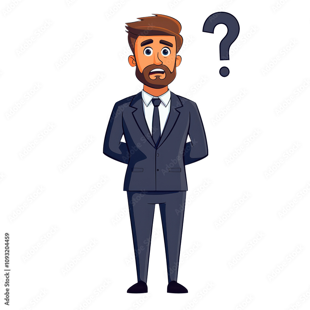 cartoon man in suit with puzzled expression stands with question mark above him, conveying confusion and curiosity cartoon man in suit with puzzled expression stands with question mark above him, conveying confusion and curiosity