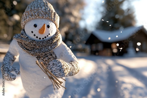 A joyful snowman adorned with a scarf and hat is captured in motion against a picturesque winter background, showcasing the magic of snow-covered landscapes. photo