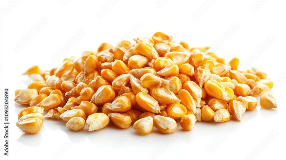 Pile of fresh organic yellow corn kernels on a white background Pile of fresh organic yellow corn kernels on a white background
