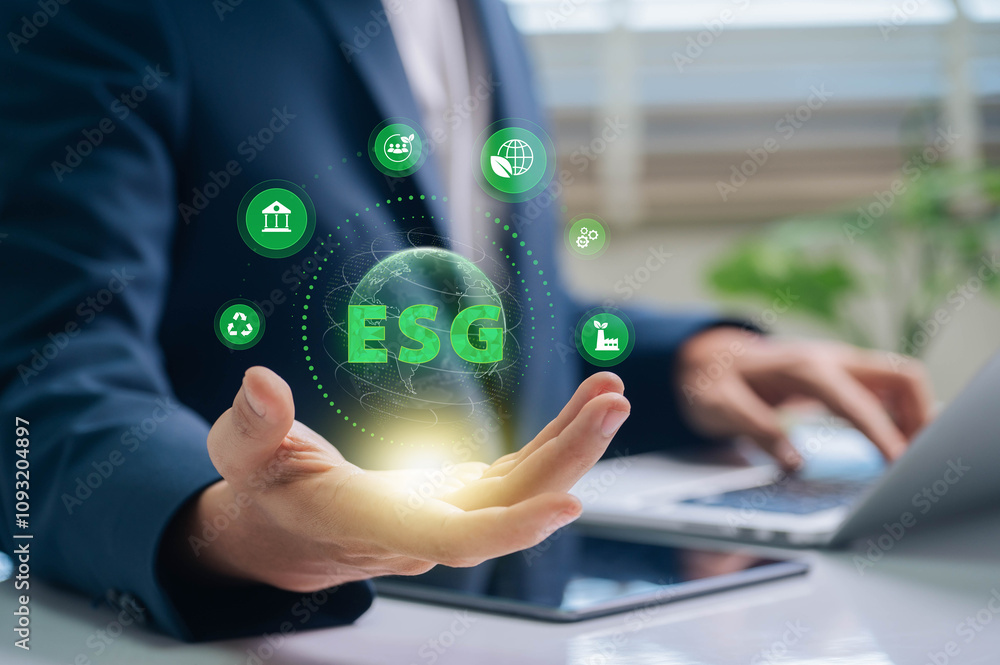Business Leader Showcasing ESG, Highlighting Environmental, Social, and Governance Strategies for Renewable Energy, Green Innovation, and Corporate Sustainability Goals Business Leader Showcasing ESG, Highlighting Environmental, Social, and Governance Strategies for Renewable Energy, Green Innovation, and Corporate Sustainability Goals