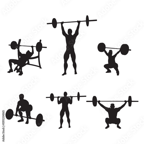 Silhouettes of Weightlifting Exercises with Barbell Techniques