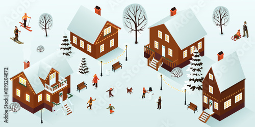 Christmas Village Winter Wonderland Isometric Vector Illustration