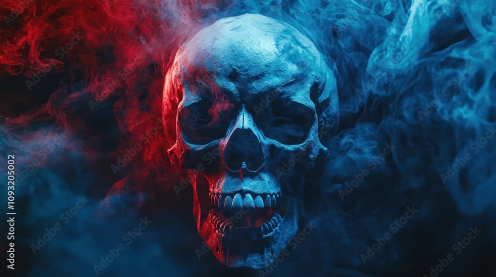 Skull in Smoke: A Mystical Blue and Red Composition Skull in Smoke: A Mystical Blue and Red Composition