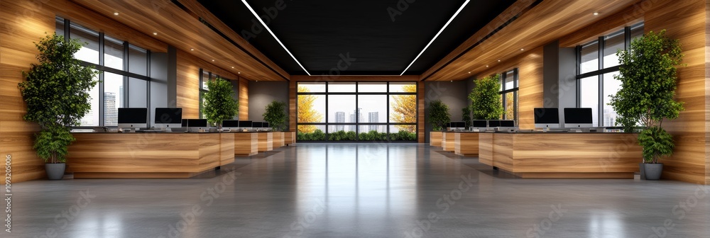 Modern office interior with wooden paneling, large windows offering a cityscape view, and sleek workstations. The space is bright and airy, promoting productivity and collaboration. Modern office interior with wooden paneling, large windows offering a cityscape view, and sleek workstations. The space is bright and airy, promoting productivity and collaboration.