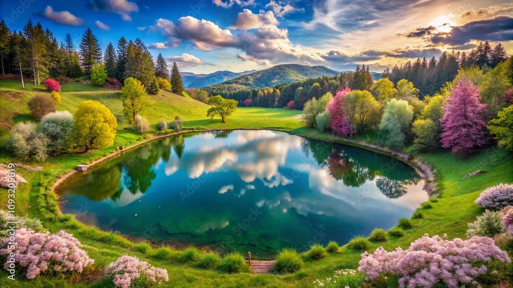 Panoramic View of a Heart-Shaped Lake Surrounded by Lush Green Nature, Perfect for Illustrating Love, Romance, and Connection in a Serene Landscape Setting Panoramic View of a Heart-Shaped Lake Surrounded by Lush Green Nature, Perfect for Illustrating Love, Romance, and Connection in a Serene Landscape Setting