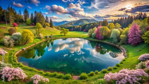 Panoramic View of a Heart-Shaped Lake Surrounded by Lush Green Nature, Perfect for Illustrating Love, Romance, and Connection in a Serene Landscape Setting