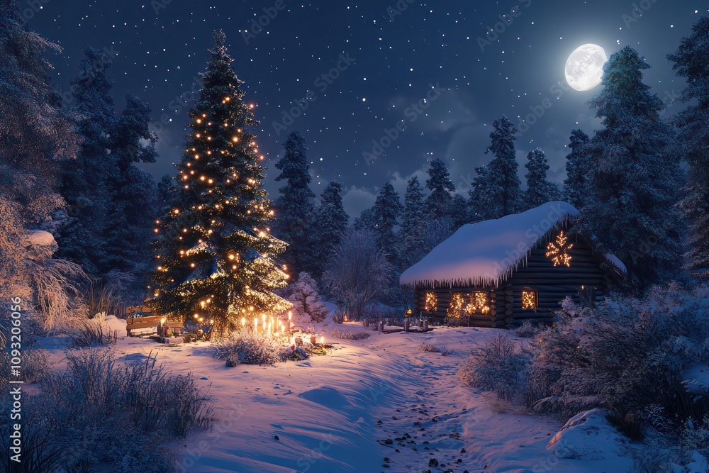 Magic and beautiful Christmas forest with a little cozy wooden log cabin Magic and beautiful Christmas forest with a little cozy wooden log cabin
