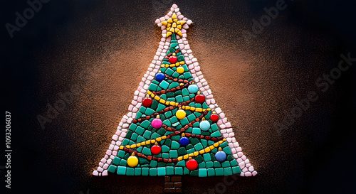 Christmas Tree Mosaic Tile Image, Holiday Celebration Decoratoin Card Art, Tiles and Grout photo