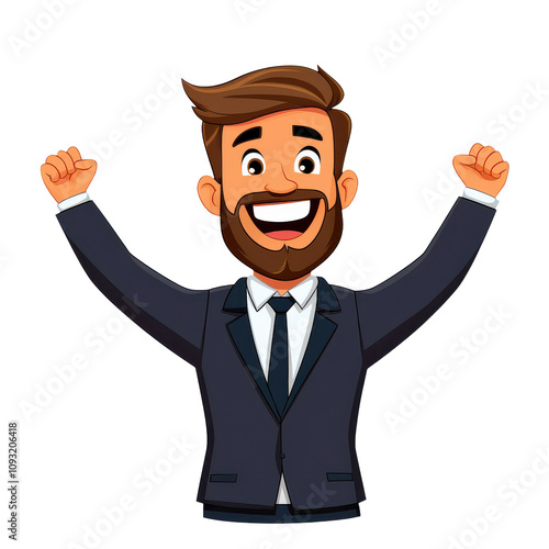 Cartoon man smiling brightly with arms raised in excitement, wearing suit. His joyful expression conveys sense of celebration and success