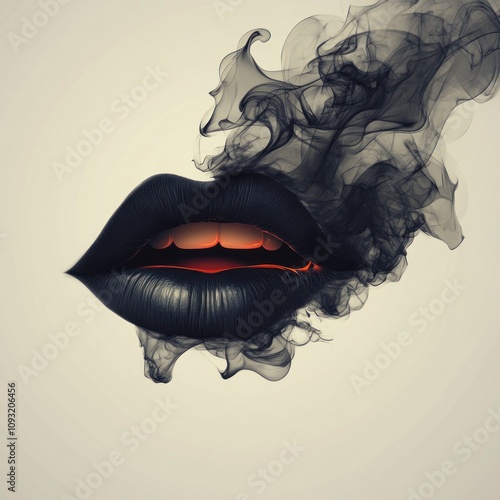 Lips enveloped in dark smoke with glowing red interior