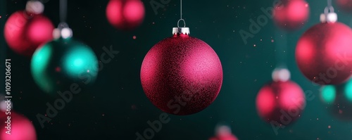 Red and green Christmas ornaments floating in a zero-gravity space setting, Futuristic, Digital art, Sci-fi, Holographic glow