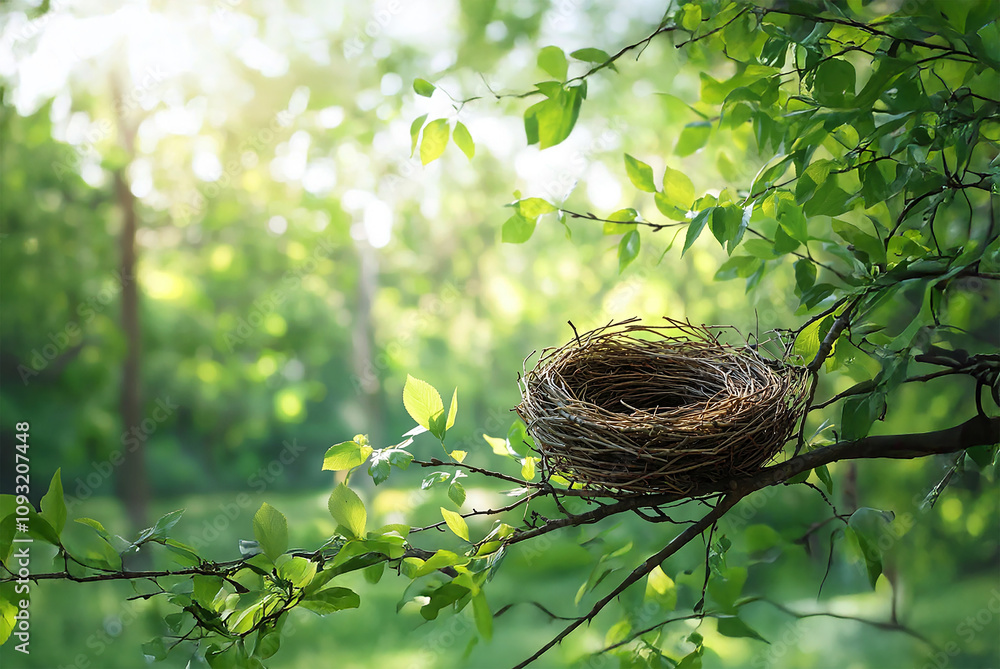 Simple bird nest with serene natural backdrop