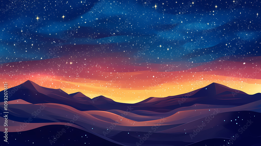The desert sky was covered in countless stars, resembling a cosmic blanket draped above. Twinkling Desert Sky. Illustration The desert sky was covered in countless stars, resembling a cosmic blanket draped above. Twinkling Desert Sky. Illustration