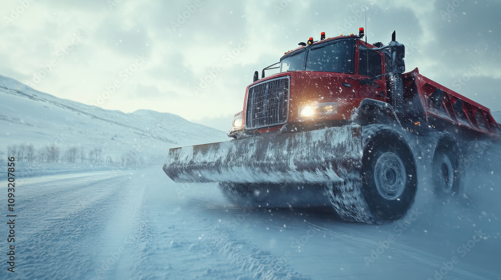 A red snowplow clears a snowy road in a mountainous landscape, showcasing winter weather conditions and heavy machinery in action. A red snowplow clears a snowy road in a mountainous landscape, showcasing winter weather conditions and heavy machinery in action.