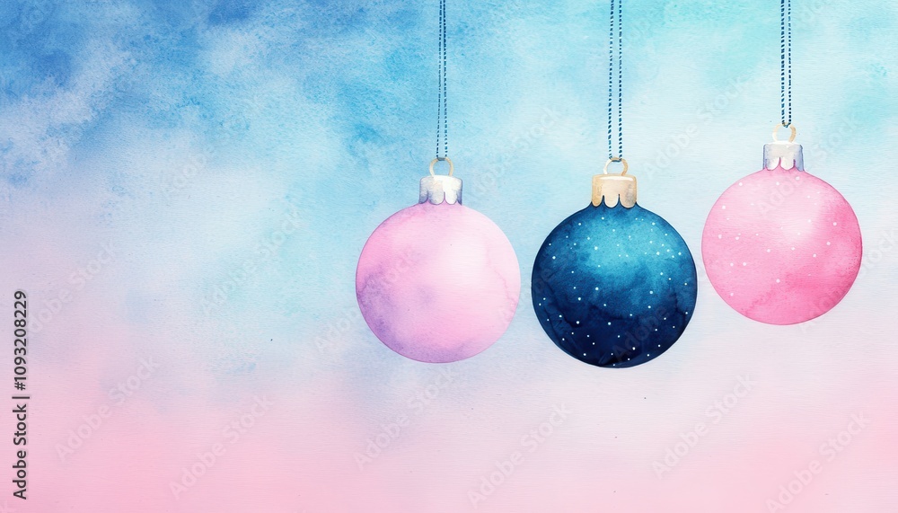 Abstract Christmas baubles in pastel colors, floating in a surreal cloud-like environment, Soft and dreamlike, Watercolorcloses up Abstract Christmas baubles in pastel colors, floating in a surreal cloud-like environment, Soft and dreamlike, Watercolorcloses up